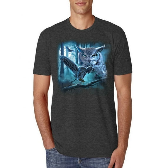 Wild Bobby, Owl Flying at Nihght In Front of the Moon Animal Lover Mens Premium Tri Blend T-Shirt, Vintage Black, Large