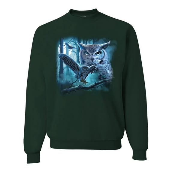 Wild Bobby, Owl Flying at Nihght In Front of the Moon Animal Lover Unisex Crewneck Graphic Sweatshirt, Forest Green, 3XL