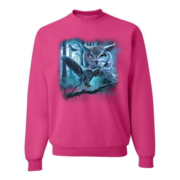 Wild Bobby, Owl Flying at Nihght In Front of the Moon Animal Lover Unisex Crewneck Graphic Sweatshirt, Fuschia, Large