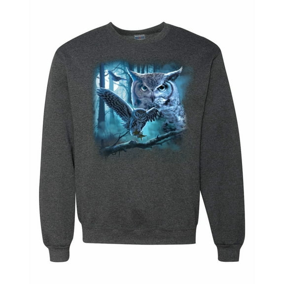 Wild Bobby, Owl Flying at Nihght In Front of the Moon Animal Lover Unisex Crewneck Graphic Sweatshirt, Heather Black, X-Large