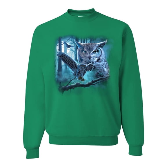 Wild Bobby, Owl Flying at Nihght In Front of the Moon Animal Lover Unisex Crewneck Graphic Sweatshirt, Kelly, Small