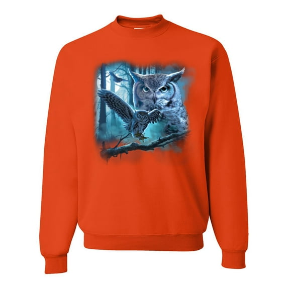 Wild Bobby, Owl Flying at Nihght In Front of the Moon Animal Lover Unisex Crewneck Graphic Sweatshirt, Orange, Large
