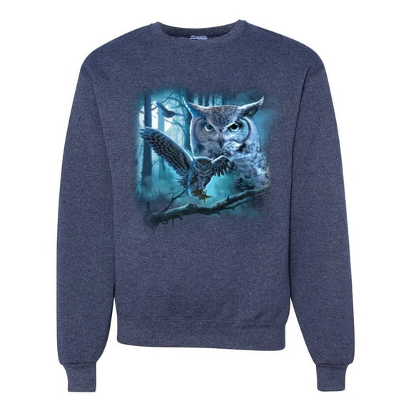 Wild Bobby, Owl Flying at Nihght In Front of the Moon Animal Lover Unisex Crewneck Graphic Sweatshirt, Vintage Heather Navy, 2XL