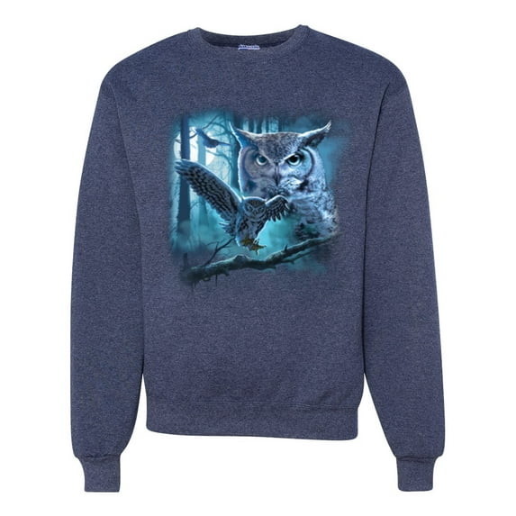 Wild Bobby, Owl Flying at Nihght In Front of the Moon Animal Lover Unisex Crewneck Graphic Sweatshirt, Vintage Heather Navy, X-Large