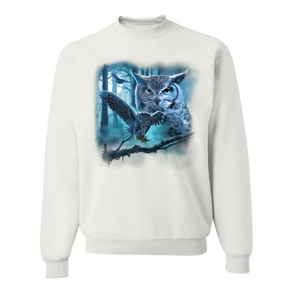 Wild Bobby, Owl Flying at Nihght In Front of the Moon Animal Lover Unisex Crewneck Graphic Sweatshirt, White, X-Large