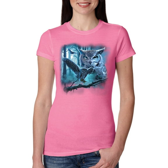 Wild Bobby, Owl Flying at Nihght In Front of the Moon Animal Lover Womens Slim Fit Junior Tee, Hot Pink, Large