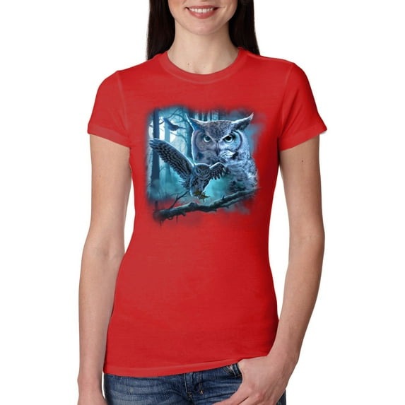 Owl Flying at Nihght In Front of the Moon Animal Lover Womens Slim Fit Junior Tee, Red, Small