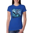 thumbnail image 1 of Wild Bobby, Owl Flying at Nihght In Front of the Moon Animal Lover Womens Slim Fit Junior Tee, Royal, Large, 1 of 3
