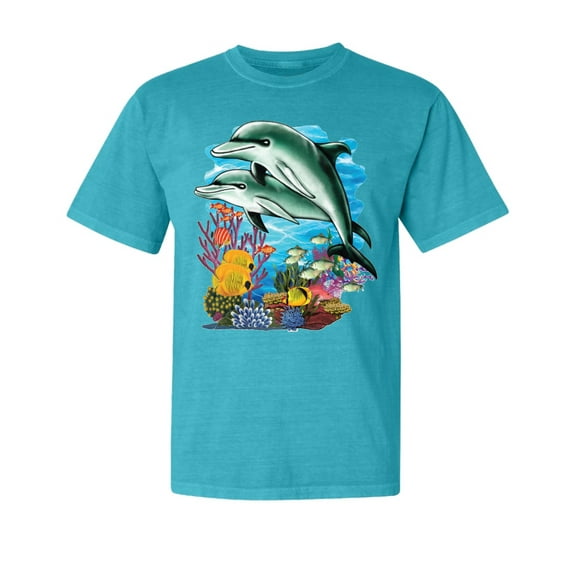 Wild Bobby, Pair of Dolphins Swimming in Ocean, Garment-Dyed Washed Look Short Sleeve Tees, Blue Lagoon, Medium