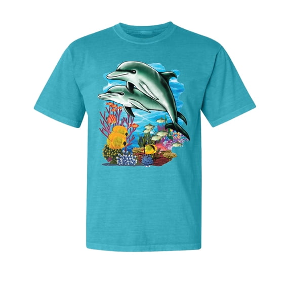 Wild Bobby, Pair of Dolphins Swimming in Ocean, Garment-Dyed Washed Look Short Sleeve Tees, Blue Lagoon, Medium