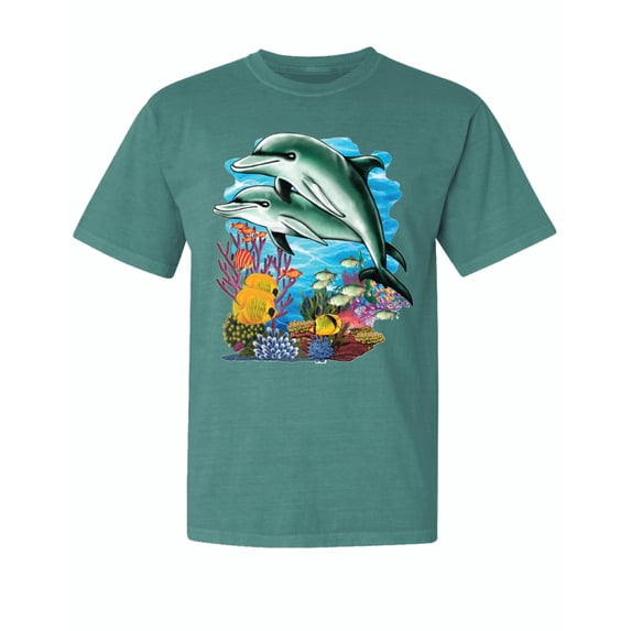 Wild Bobby, Pair of Dolphins Swimming in Ocean, Garment-Dyed Washed Look Short Sleeve Tees, Emerald, X-Large