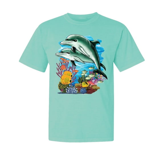 Wild Bobby, Pair of Dolphins Swimming in Ocean, Garment-Dyed Washed Look Short Sleeve Tees, Mint, X-Large