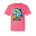 thumbnail image 1 of Wild Bobby, Pair of Dolphins Swimming in Ocean, Garment-Dyed Washed Look Short Sleeve Tees, Neon Pink, 2XL, 1 of 3