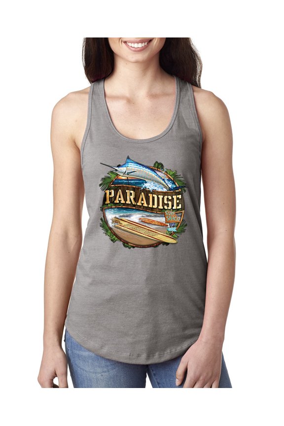 , Paradise Surf Shack Marlin Pop Culture Ladies Racerback Tank Top, Heather Grey, Medium