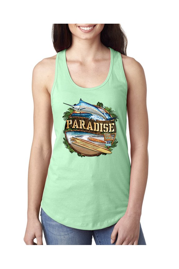 , Paradise Surf Shack Marlin Pop Culture Ladies Racerback Tank Top, Mint, Large