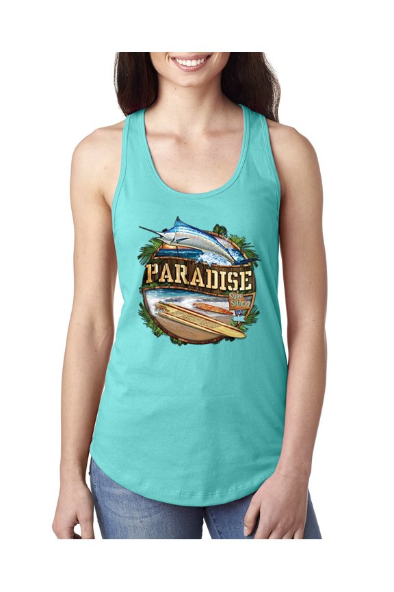 , Paradise Surf Shack Marlin Pop Culture Ladies Racerback Tank Top, Tahiti Blue, Large