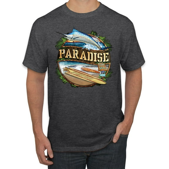 Wild Bobby, Paradise Surf Shack Marlin Pop Culture Men's Graphic T-Shirt, Heather Black, 3XL