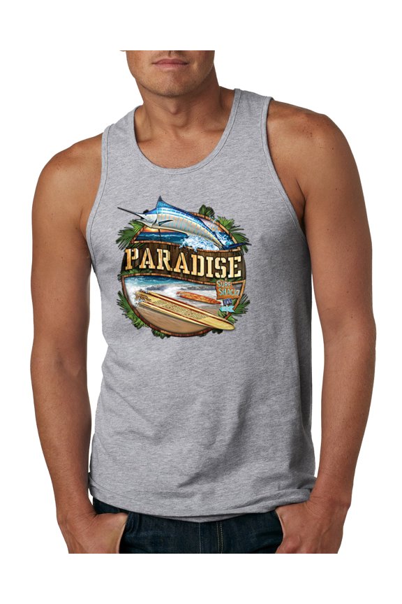 , Paradise Surf Shack Marlin Pop Culture Mens Graphic Tank Top, Heather Grey, Large