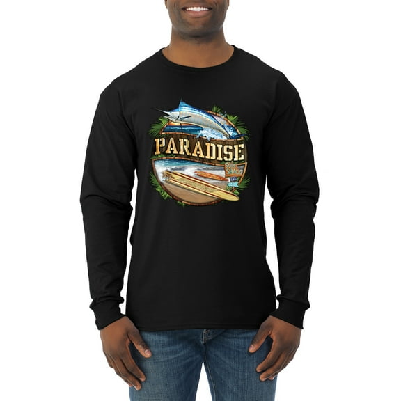 Wild Bobby, Paradise Surf Shack Marlin Pop Culture Mens Long Sleeve Shirt, Black, Small