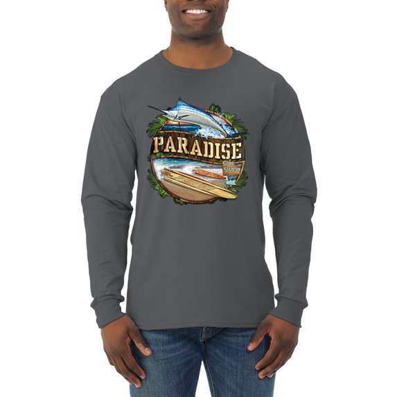 Wild Bobby, Paradise Surf Shack Marlin Pop Culture Mens Long Sleeve Shirt, Charcoal, Medium