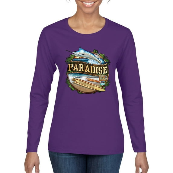 Wild Bobby, Paradise Surf Shack Marlin Pop Culture Womens Graphic Long Sleeve T-Shirt, Purple, X-Large