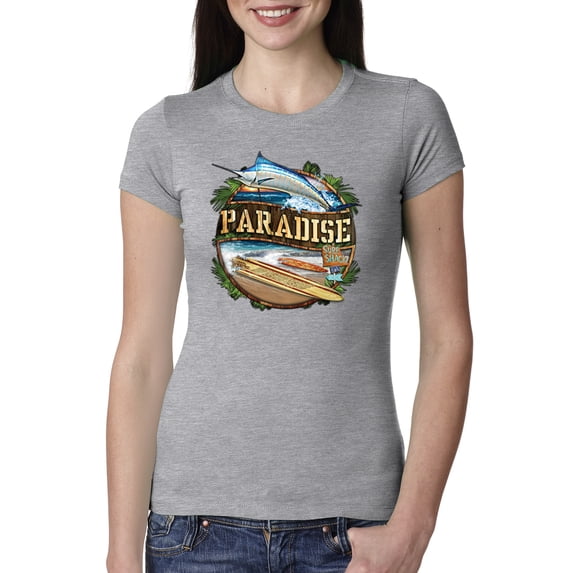 Wild Bobby, Paradise Surf Shack Marlin Pop Culture Womens Slim Fit Junior Tee, Heather Grey, Large