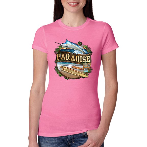 Wild Bobby, Paradise Surf Shack Marlin Pop Culture Womens Slim Fit Junior Tee, Hot Pink, Medium