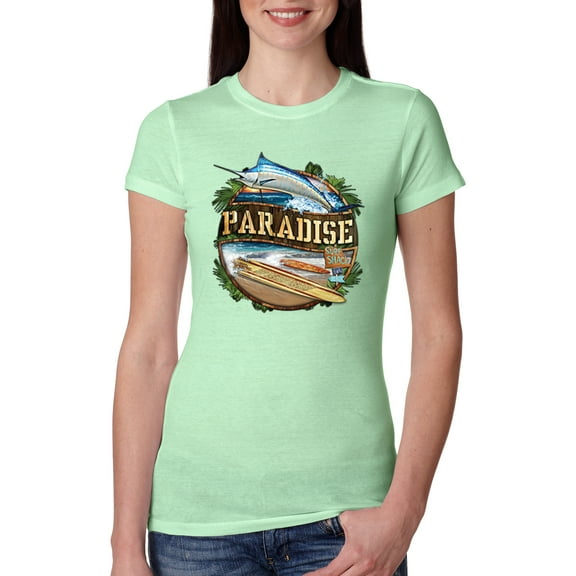Wild Bobby, Paradise Surf Shack Marlin Pop Culture Womens Slim Fit Junior Tee, Mint, Small