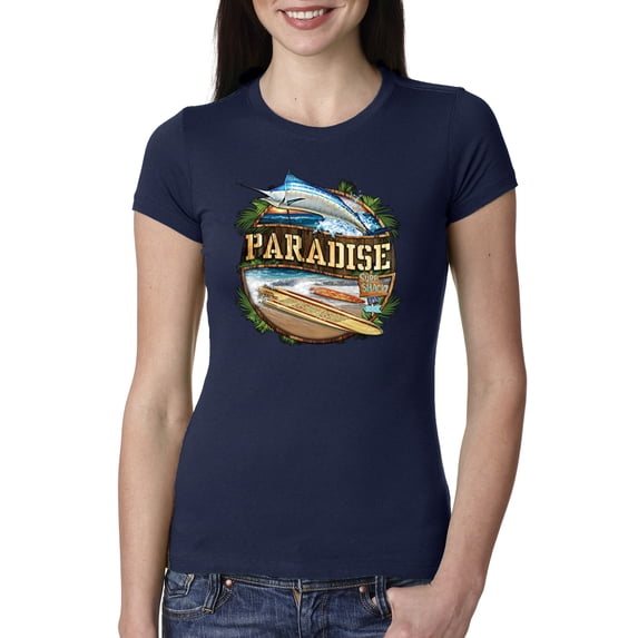 Paradise Surf Shack Marlin Pop Culture Womens Slim Fit Junior Tee, Navy, X-Large