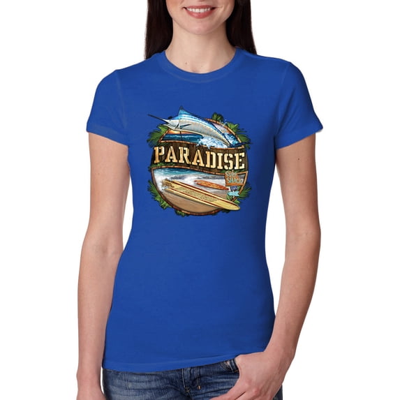 Wild Bobby, Paradise Surf Shack Marlin Pop Culture Womens Slim Fit Junior Tee, Royal, X-Large