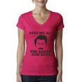 thumbnail image 1 of Wild Bobby, Parks and Recreations Give Me All The Bacon and Eggs Pop Female Junior Fit V-Neck Tee, Raspberry, Small, 1 of 3