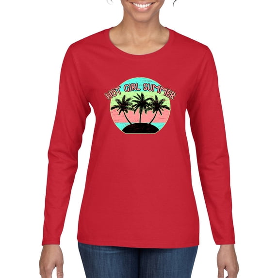 Wild Bobby, Pastel Color Hot Girl Summer, Streetwear, Women Graphic Long Sleeve Tee, Red, Small