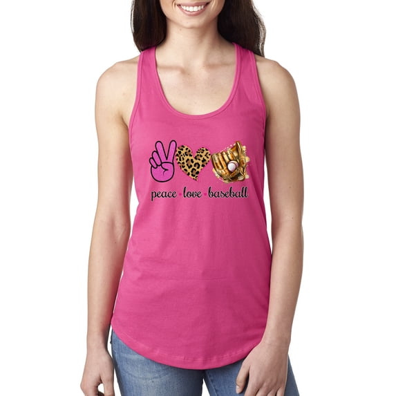 Wild Bobby, Peace Love Baseball Sports Ladies Racerback Tank Top, Raspberry, Medium
