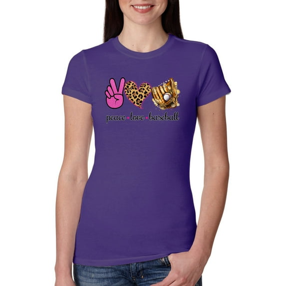 Wild Bobby, Peace Love Baseball Sports Womens Slim Fit Junior Tee, Purple Rush, Large