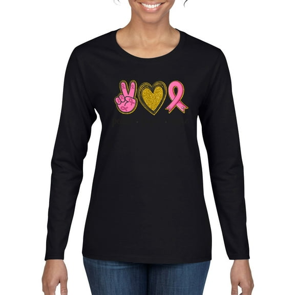 Wild Bobby Peace Love Breast Cancer Awareness Breast Cancer Awareness Women Graphic Long Sleeve T-Shirt, Black, Medium
