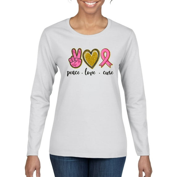 Wild Bobby Peace Love Breast Cancer Awareness Breast Cancer Awareness Women Graphic Long Sleeve T-Shirt, White, Medium