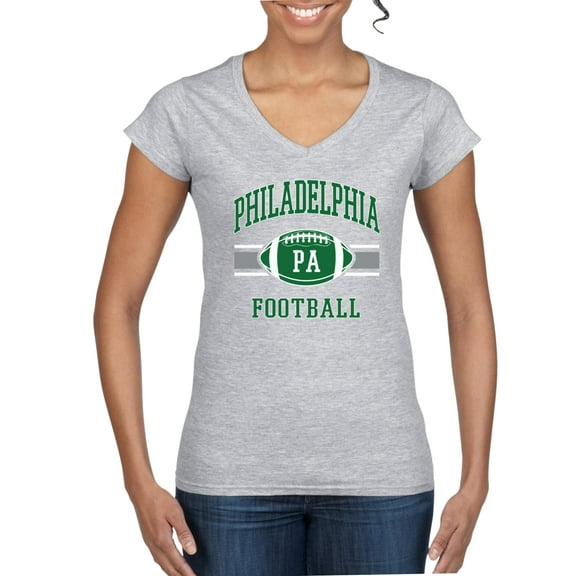 Wild Bobby Philly PA Football Classic Retro Stripe Logo Kelly Green Women Standard V-Neck Tee