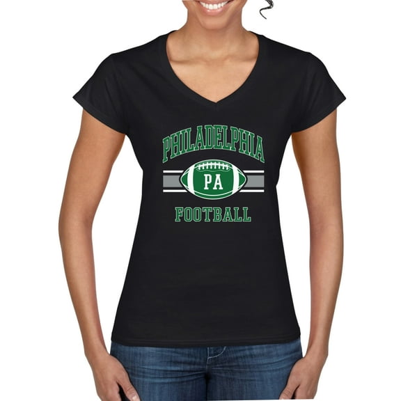 Wild Bobby Philly PA Football Classic Retro Stripe Logo Kelly Green Women Standard V-Neck Tee