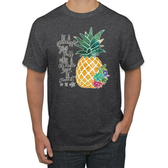 Wild Bobby, Pineapple Stand Tall Wear Crown And Stay Sweet Inside Arty Inspirational Pop Culture Men's Graphic T-Shirt, Heather Black, X-Large