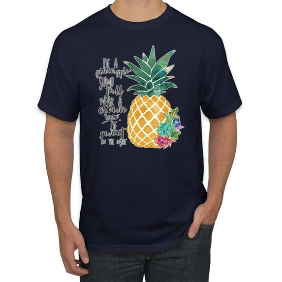 Wild Bobby, Pineapple Stand Tall Wear Crown And Stay Sweet Inside Arty Inspirational Pop Culture Men's Graphic T-Shirt, Navy, Large