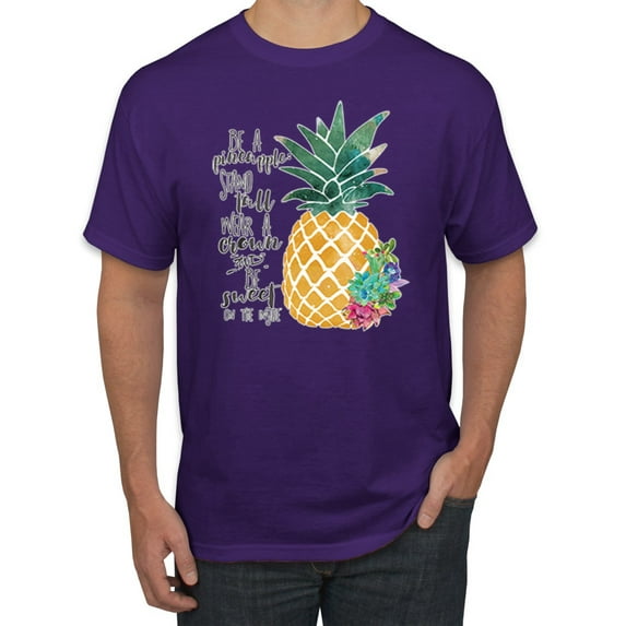 Wild Bobby, Pineapple Stand Tall Wear Crown And Stay Sweet Inside Arty Inspirational Pop Culture Men's Graphic T-Shirt, Purple, 5XL