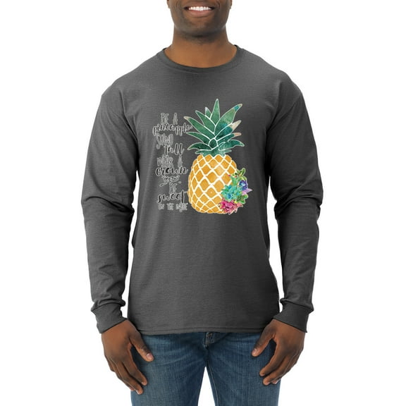 Wild Bobby, Pineapple Stand Tall Wear Crown And Stay Sweet Inside Arty Inspirational Pop Culture Mens Long Sleeve Shirt, Heather Black, X-Large