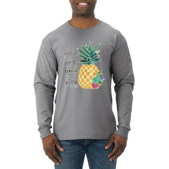 Wild Bobby, Pineapple Stand Tall Wear Crown And Stay Sweet Inside Arty Inspirational Pop Culture Mens Long Sleeve Shirt, Heather Grey, Large