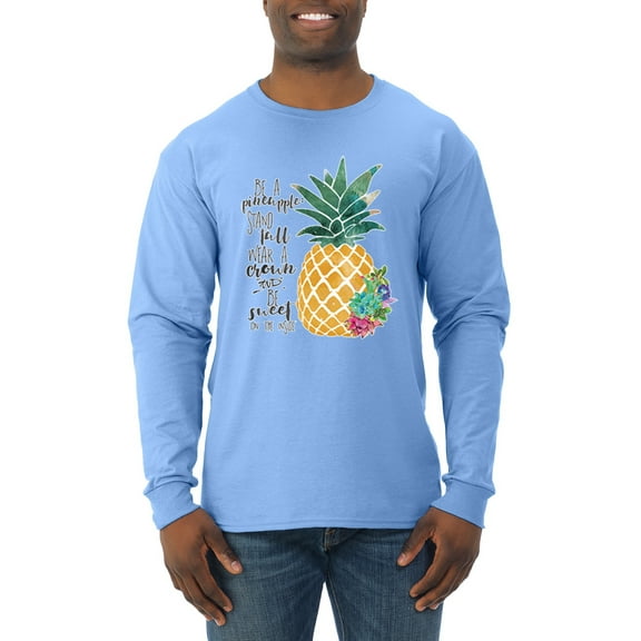 Wild Bobby, Pineapple Stand Tall Wear Crown And Stay Sweet Inside Arty Inspirational Pop Culture Mens Long Sleeve Shirt, Light Blue, X-Large