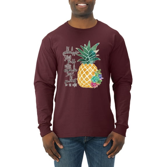 Wild Bobby, Pineapple Stand Tall Wear Crown And Stay Sweet Inside Arty Inspirational Pop Culture Mens Long Sleeve Shirt, Maroon, 3XL