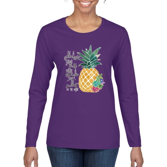 Wild Bobby, Pineapple Stand Tall Wear Crown And Stay Sweet Inside Arty Inspirational Pop Culture Womens Graphic Long Sleeve T-Shirt, Purple, Large