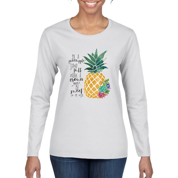 Wild Bobby, Pineapple Stand Tall Wear Crown And Stay Sweet Inside Arty Inspirational Pop Culture Womens Graphic Long Sleeve T-Shirt, White, 2XL