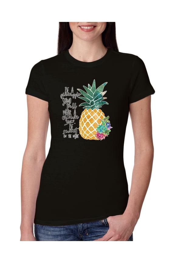 , Pineapple Stand Tall Wear Crown And Stay Sweet Inside Arty Inspirational Pop Culture Womens Slim Fit Junior Tee, Black, Medium