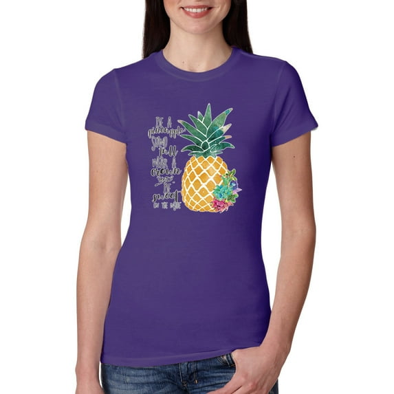Wild Bobby, Pineapple Stand Tall Wear Crown And Stay Sweet Inside Arty Inspirational Pop Culture Womens Slim Fit Junior Tee, Purple Rush, X-Large