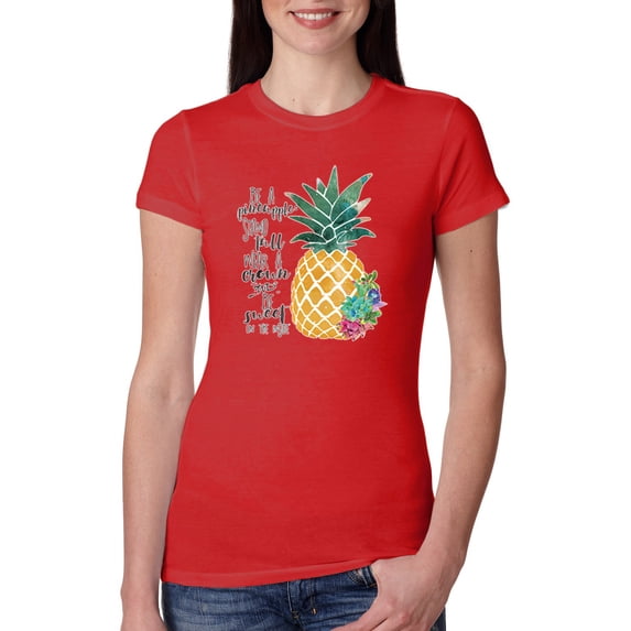 Wild Bobby, Pineapple Stand Tall Wear Crown And Stay Sweet Inside Arty Inspirational Pop Culture Womens Slim Fit Junior Tee, Red, Medium